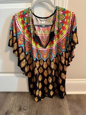 Trina Turk Black V-Neck Tunic with Bright Paisley Print